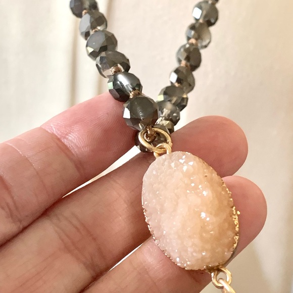 Long Tassel Druzy Natural Stone Necklace beads Gray Black taupe - Picture 7 of 13